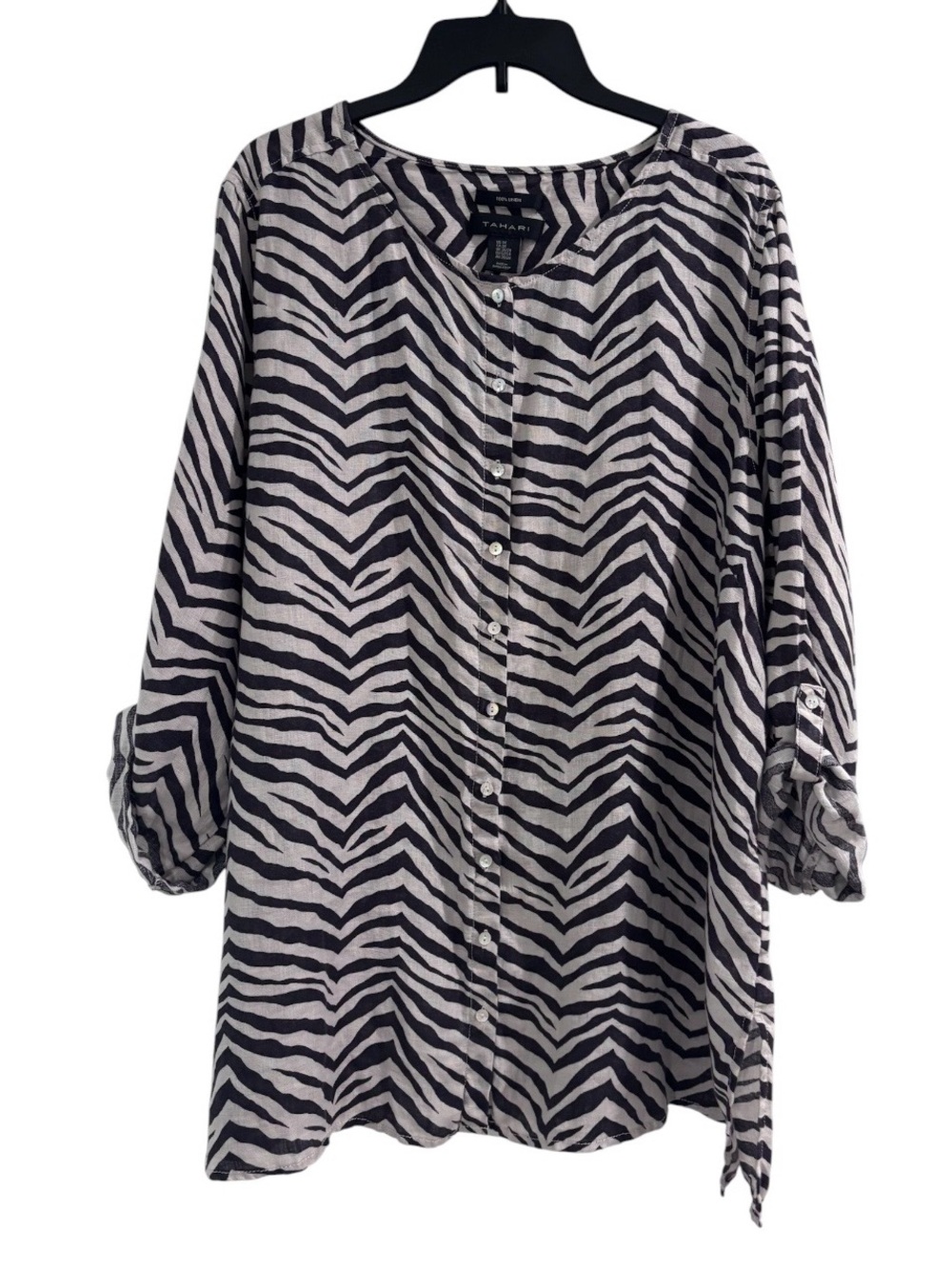 Tahari 100% Linen Zebra Print Tunic Top Mother Of Pearl Button Women’s Size 3X
